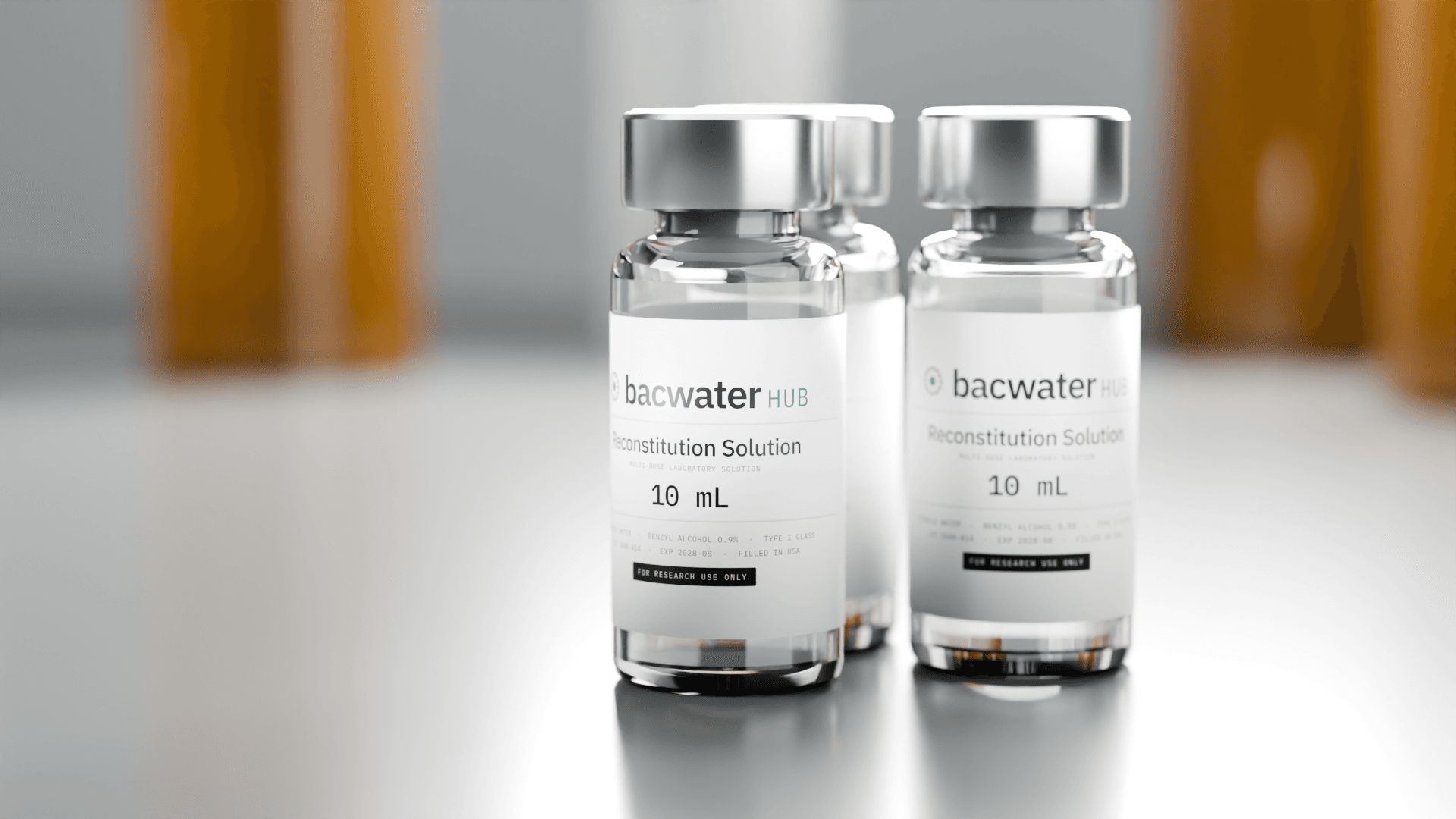 Bac Water Hub reconstitution solution, 10 mL vial Reconstitution solution 10 mL vial on a laboratory bench with reagent bottles behind